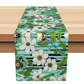 Aperturee - Aperturee Botanical Stripe Table Runner with Green Leaves and Floral Print for Spring and Summer Kitchen Decor